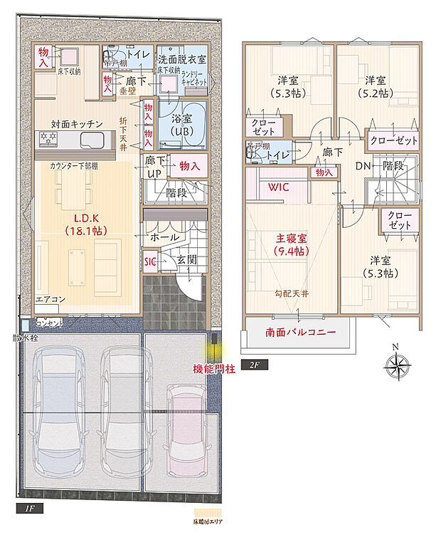 【4LDK】太陽光発電パネル搭載、南向き、耐震等級3、断熱等級5、ZEH仕様、第一種換気&全熱交換換気、対面キッチン付LDK広々18.1帖、上部勾配天井&大型WIC付主寝室広々9.4帖、収納充実、南面バルコニー