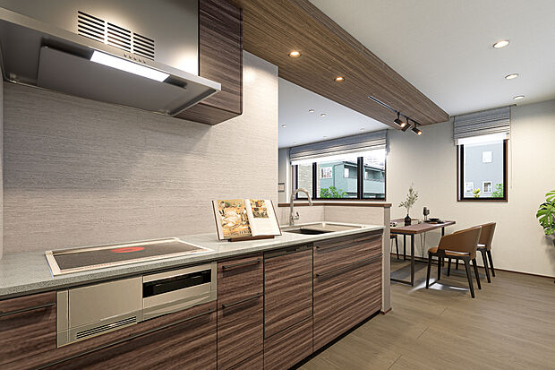 【キッチン完成予想図】T-4／深みのあるブラウンで気持ちも穏やかにお料理が楽しめるキッチン。IHコンロはお手入れも簡単で、後片付けも楽々。さらに食器洗い乾燥機やタッチレス水栓、ユーティリティシンクで日々の家事を快適に。