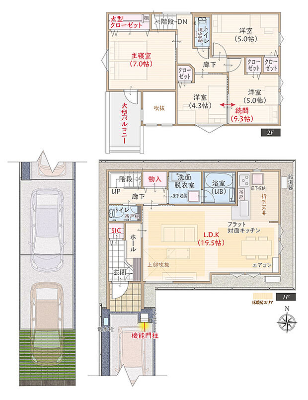 【4LDK】太陽光発電パネル搭載、南向き、駐車3台、耐震等級3、断熱等級5、ZEH仕様の家、第一種換気&全熱交換換気、リビング上部吹抜けLDK広々19.5帖、大型クローゼット付主寝室7.0帖、洋室続間9.3帖、大型バルコニー
