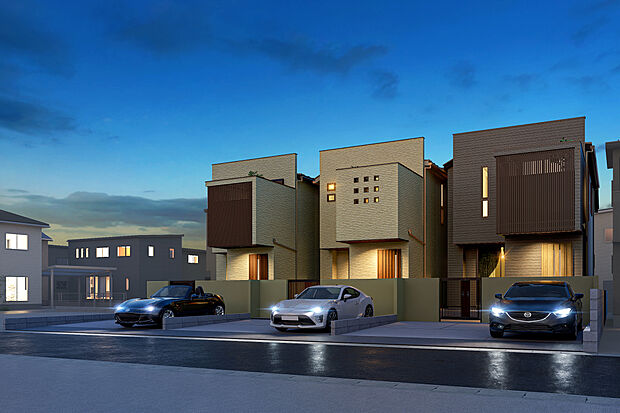 【外観完成予想図】T-3、T-5／駅近で都心への移動もしやすい好立地。暮らしに欠かせない学校や商業施設が多彩に揃い、自然に癒される公園も近いので、家族みんながのびのびと暮らせる理想の生活が叶えられます。