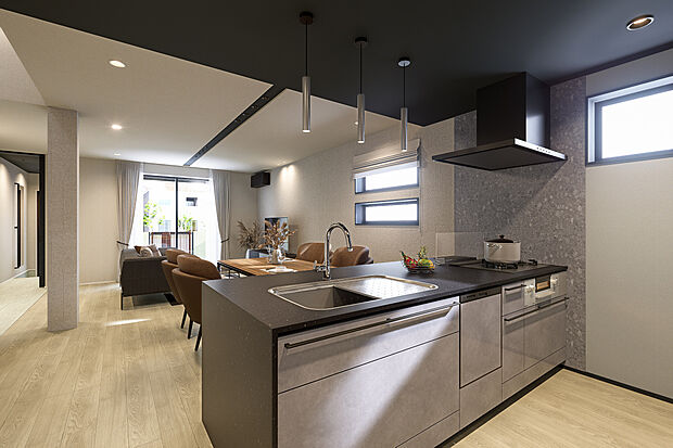 【キッチン完成予想図】T-3／ワークトップにフィオレストーンを使用した、美しく機能的なキッチン。便利な設備が標準搭載されているのはもちろん、サイレントレールで快適さをプラスした使い勝手の良い仕様です。