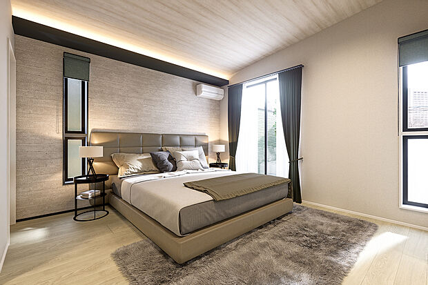 【主寝室完成予想図】T-3／南向き＆大型バルコニーが隣接する広々主寝室は、広さに高さをプラスした快適空間。温かみのあるトーンでまとめた優しい空間は、忙しい毎日に安らぎをもたらすオアシスとして暮らしに寄り添います。