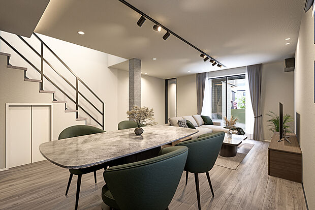 【リビングダイニング完成予想図】T-5／デッドスペースになりがちな階段下にも収納を設けることで収納力を持たせ、居住性を高めます。より多くの収納があることで物が散らかるのを防ぎ、キレイに片づいた空間で気持ちよく過ごせます。