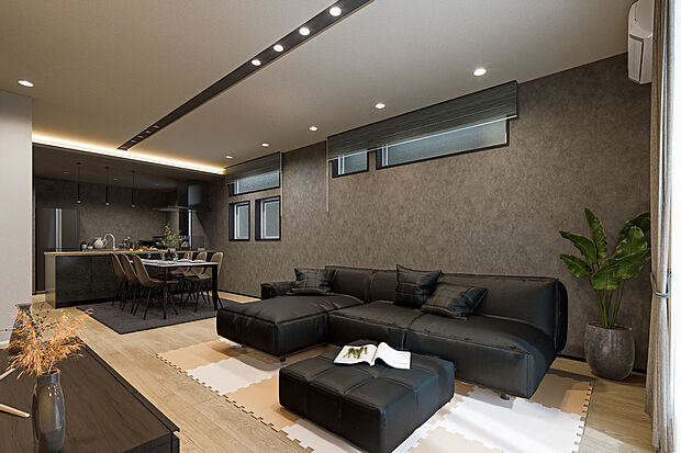 【リビングダイニング完成予想図】T-1/シックで落ち着きのあるLDKは、ライン状に配置した照明でシティライクな仕様に。クールで穏やかな佇まいが、安らぎに満ちたひと時をもたらします。床暖房が標準装備されています。