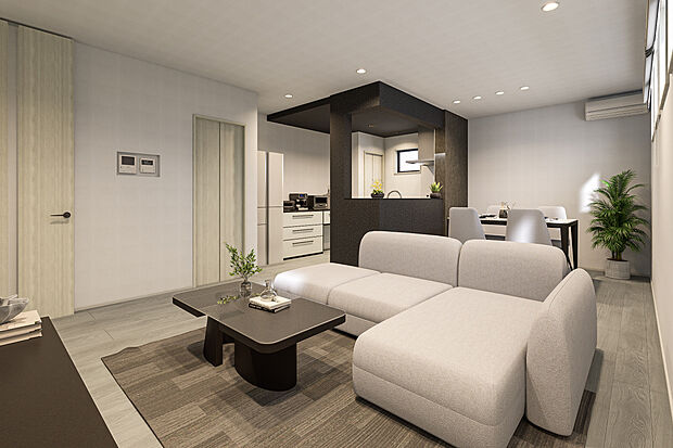 【リビングダイニング完成予想図】T-3／リビングからキッチンまで見渡せる、見通しの良いレイアウト。お料理中もご家族の様子がわかり、自然と会話が生まれます。安心感と温もりに包まれる、家族想いの空間設計です。