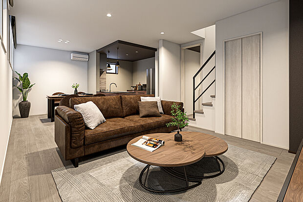 【リビングダイニング完成予想図】T-4／広々20.9帖、南向きで明るい大空間LDK。落ち着いたトーンでまとめたシックなインテリアに、オープン階段が抜け感をプラス。ワンランク上の洗練された日常がここから始まります。