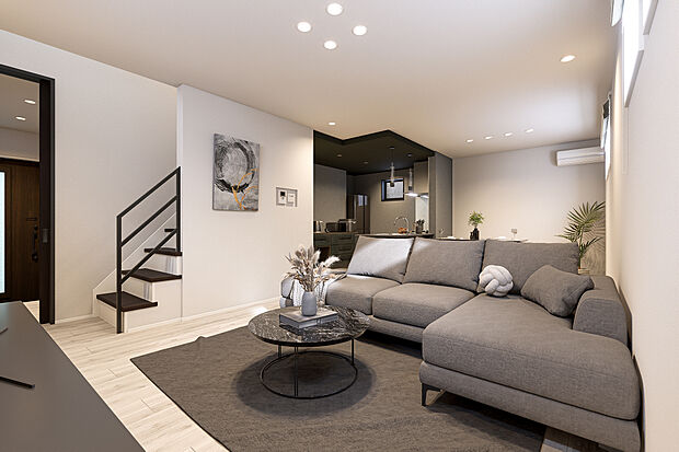 【リビングダイニング完成予想図】T-1／陽光がたっぷりと降り注ぐ、20.9帖の開放的なLDK。アイアン手摺の階段やシックなキッチンが空間を引き締める洗練されたモダンスタイル。家族でゆったりと上質な時間を過ごせる空間です。