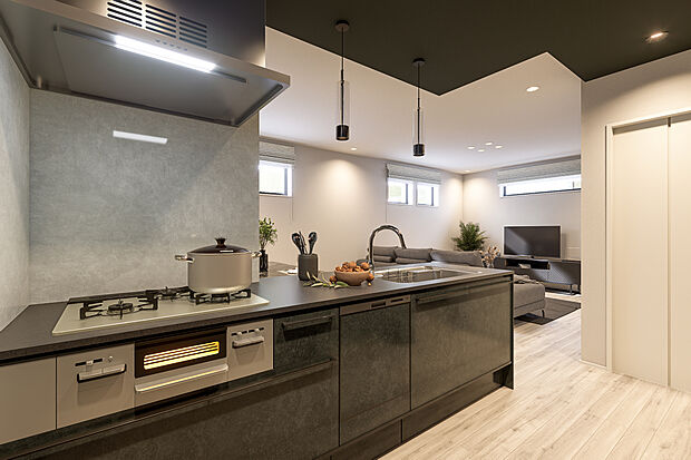 【キッチン完成予想図】T-1／クリナップのキッチンは天板に高級感あふれるフィオレストーンを採用し、洗練された空間を演出。タッチレス水栓や食洗機など便利な設備も充実。美しさと使い勝手を高次元で両立するキッチンです。