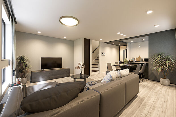 【リビングダイニング完成予想図】T-1／2階に位置する18.7帖のLDKは、外からの視線を気にせず過ごせるプライベート空間。空間のアクセントとなるリビング階段は、家族の自然なコミュニケーションを可能にしてくれます。