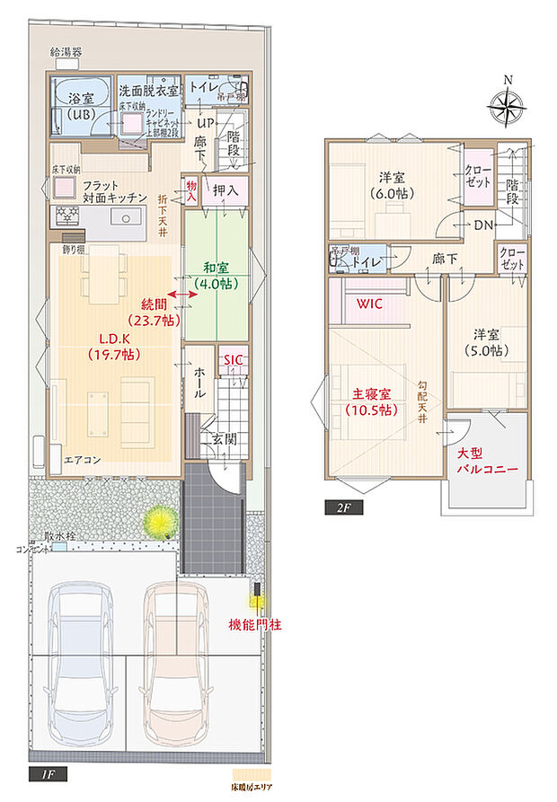 【4LDK】南向き、太陽光発電パネル搭載、耐震等級3、断熱等級5、ZEH仕様の家、第一種換気&全熱交換換気、開放的なフラット対面キッチン付LDK続間23.7帖、WIC付主寝室広々10.5帖、収納充実、大型バルコニー