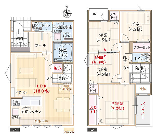 【4LDK】太陽光発電パネル搭載、採光良好、ZEH仕様の家、耐震等級3、断熱等級5、第一種換気&全熱交換換気、対面キッチン付LDK広々18.0帖、洋室続間9.0帖、大型CL付主寝室、収納充実、プライベートバルコニー