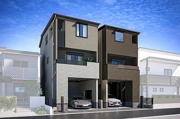 【外観完成予想図】T-1、T-2/ビルトインガレージを備えた、機能的な3階建住宅。雨の日でも濡れずに車の乗り入れができ、毎日の使い勝手に配慮しています。アウトドア用品などの収納にも活用できる便利な空間です。