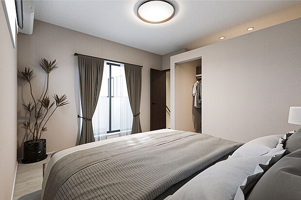 【主寝室完成予想図】T-2／バルコニーに面した窓から差し込む明るい陽差しに包まれる、癒しの主寝室。爽やかな目覚めが叶う朝と深い眠りでリラックスする夜と、どの時間帯でも快適に過ごせます。