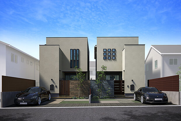 【外観完成予想図】T-1、T-2(ご成約済み)/お子さんがのびのびと遊べる環境と、通勤しやすい利便性を兼ね備えています。子育てを終えてもずっと快適に暮らせるエリア&耐震性・断熱性に優れた高性能な住まいです。