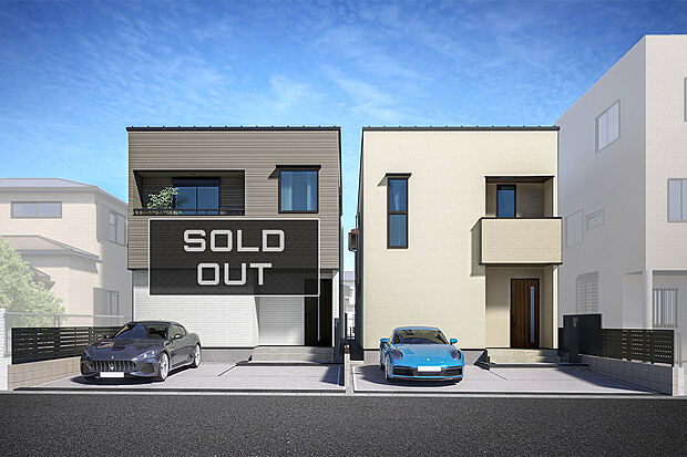 【外観完成予想図】T-1(ご成約済)、T-2/陽光溢れる住まいは、サイディングの陰影が美しいモダンな外観デザイン。時間帯や天候によって表情を変える外壁が、住まいに個性と上質感を添えます。