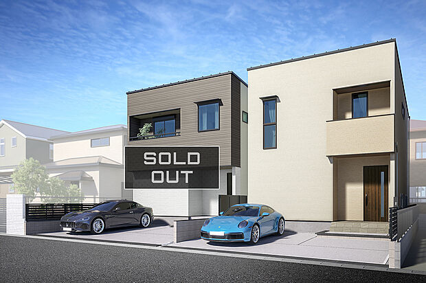 【外観完成予想図】T-1(ご成約済)、T-2/床暖房や20帖超の広々LDK、水まわりのまとまった優れた家事動線など、暮らしやすさと快適さにこだわりました。土間収納や全居室収納など充実した収納も魅力。