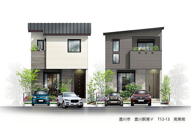 【外観完成予想図】T-12、T-13／長期優良住宅＆性能評価W取得。耐震等級3に加え制震ダンパーも備えた、家族を守る住まい。エアコンや全室照明、EVコンセントなど標準設備も充実。ゆとりある敷地で、安心の未来を紡ぎます。