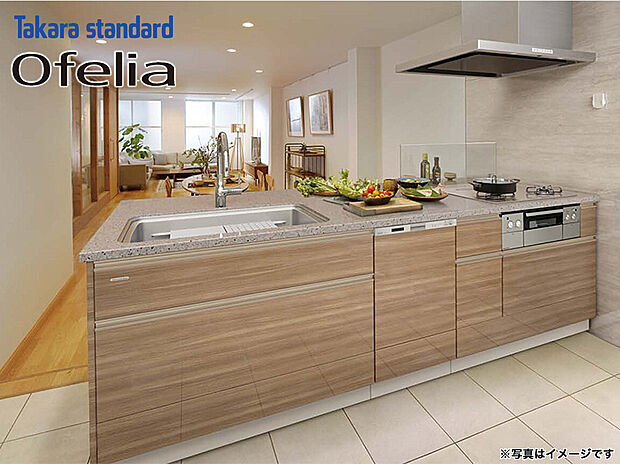 【オフェリアシステムキッチン（タカラスタンダード）】暮らし快適、高品位ホーローのシステムキッチン。キッチン扉は鏡面仕上げで楽々キレイ。収納に便利なサイレントレール装備。ガスコンロはガラストップでお手入れ簡単。毎日の家事をサポートします。