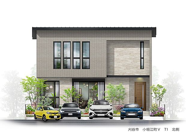 【外観完成予想図】T-1／20.5帖の大空間LDKが開放的な暮らしを演出。WICや土間収納など、充実の収納完備で室内はいつもスッキリ。ZEH＆断熱等級5の優れた性能が、一年中快適な暮らしを叶えます。