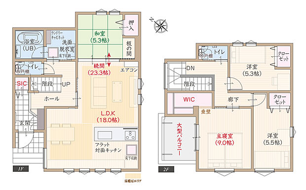 【4LDK＋SIC＋WIC】南西向き、太陽光発電パネル搭載、ZEH仕様の家、耐震等級3、断熱等級5、第一種換気&全熱交換換気、フラット対面キッチン付LDK広々18.0帖、続き和室、大型WIC付主寝室広々9.0帖、大型バルコニー