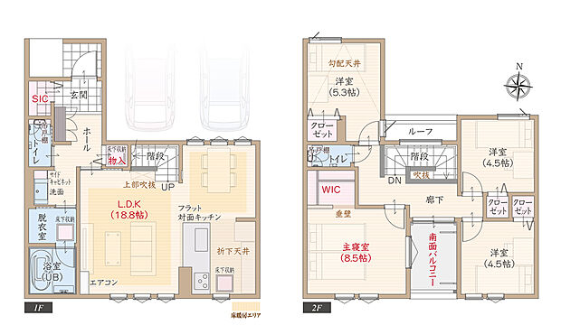 【4LDK】太陽光発電パネル搭載、耐震等級3、断熱等級5、ZEH仕様、第一種換気&全熱交換換気、フラット対面キッチン付LDK広々18.8帖、WIC付主寝室広々8.5帖、シューズクローク、南面バルコニー
