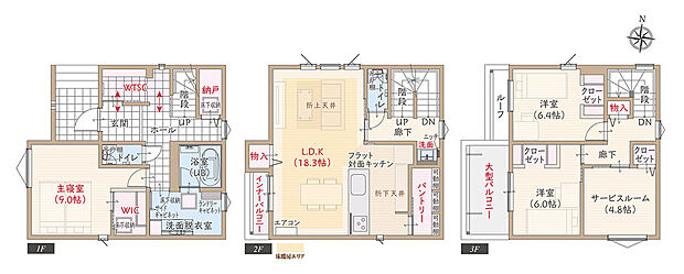 【3LDK+2S】太陽光発電パネル搭載、駐車2台、耐震等級3、断熱等級5、ZEH仕様の家、開放的なフラット対面キッチン付LDK広々18.3帖、大型ウォークインクローゼット付主寝室広々9.0帖、WTSCファミリー玄関