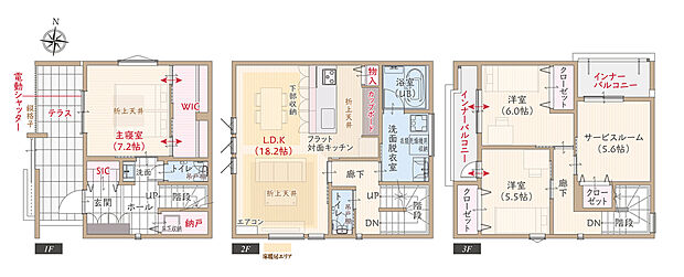 【3LDK+2S】太陽光発電パネル搭載、駐車3台可、耐震等級3、断熱等級5、環境に優しくお財布にも優しいZEH仕様の家、開放的なフラット対面キッチン付LDK広々18.2帖、上部折上天井&大型WIC付主寝室7.2帖、テラス付き