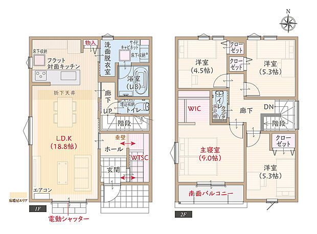 【4LDK】太陽光発電パネル搭載、南向き、駐車3台可、耐震等級3、断熱等級5、第一種換気&全熱交換換気、ZEH仕様、フラット対面キッチン付LDK広々18.8帖、大型WIC付主寝室広々9.0帖、WTSCファミリー玄関、南面バルコニー