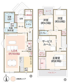 太陽光発電システム搭載、耐震等級3、断熱等級5、ZEH仕様の家、LDK広々18.6帖、主寝室ゆとりの8.9帖、第一種換気＆全熱交換換気、駐車スペース2台可、全居室に収納完備 