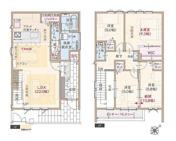【4LDK】南向き、太陽光発電パネル搭載、耐震等級3、断熱等級5、第一種換気&全熱交換換気、ZEH仕様、上部吹抜&フラット対面キッチン付LDK広々22.0帖、上部勾配天井&大型WIC付主寝室広々9.3帖、インナーバルコニー