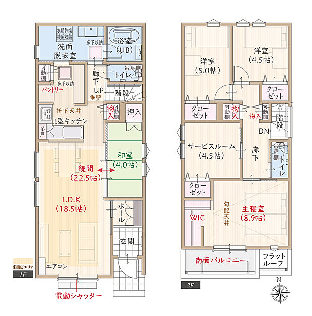 【4LDK＋サービスルーム＋WIC】南向き、太陽光発電パネル搭載、耐震等級3、断熱等級5、第一種換気&全熱交換換気、ZEH仕様の家、L型キッチン付LDK広々18.5帖、続き和室、大型WIC付主寝室広々8.9帖、南面バルコニー