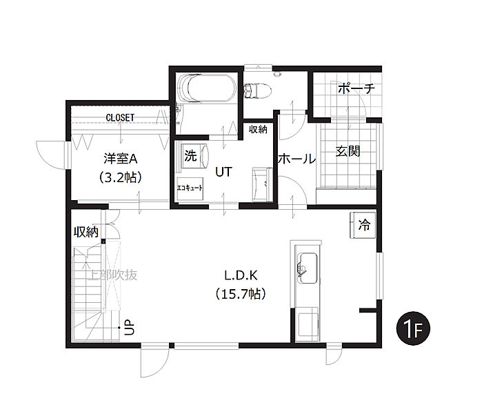 【1階間取図】
LDKはゆとりの15帖超え。ご家族と顔を合わせやすい対面キッチンやリビング階段を採用しています。