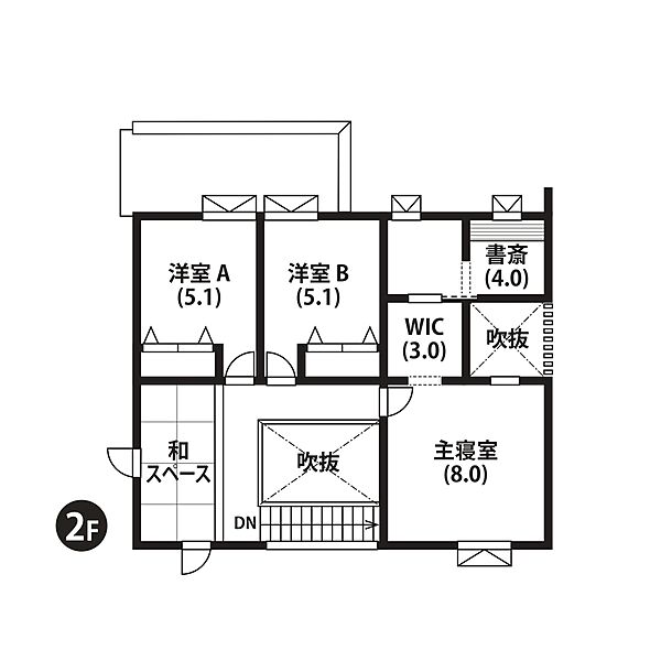 【2階間取図】
テレワークにも重宝する書斎や、なごむ和スペースなど、こだわりの間取り設計。豊富な収納も魅力です。