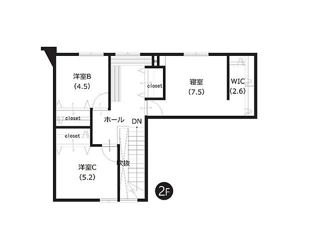 【2階間取図】
WICを含む全居室収納付き。収納・カウンター付きのホール部分は、ライフスタイルに合わせた使い方が可能です。
