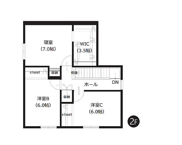【2階間取図】
2階の全洋室は6帖以上のゆとりある広さ。約3.5帖のWICを含む全居室収納付きで、室内がスッキリ片付きます。