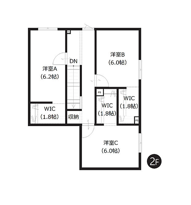 【2階間取図】
全洋室6帖以上のゆとり設計!各部屋にWICがあり、部屋を広く使えるだけでなく、衣替えも不要になりそうですね。