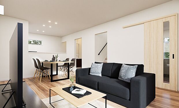 【B棟 完成予想図(昼)】
約16帖のLDK。お手入れラクラク、お掃除もしやすい全居室フローリング仕様です。