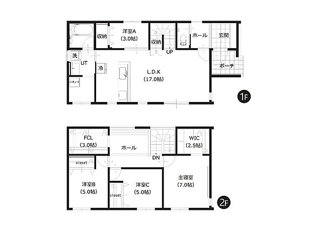 【(17)間取図】
LDKはゆとりの約17帖。水まわりを集約させた家事動線スムーズなレイアウトです。2Fホールにはキャビネット付きカウンターを設置し、本や小物の収納に便利です。