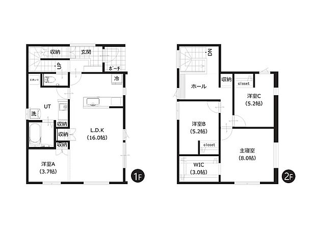 【2号棟 間取図】
使い勝手の良い全室洋室の4LDK。WICなど豊富な収納も魅力です。