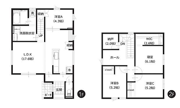 【1号棟 間取図】
「家事動線」とリビングへの「来客動線」を分離し、急な来客もスマート。2階豊富な収納も嬉しいポイントです。