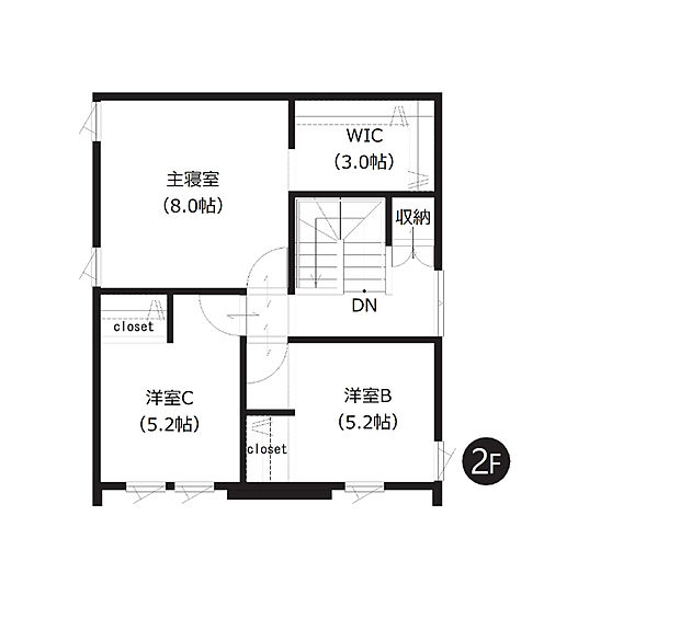 【2階間取図】
主寝室はゆったり約8帖、ベッドを置いてもゆとりがございますね。季節物や大きなお荷物の収納に便利なWIC付きです。