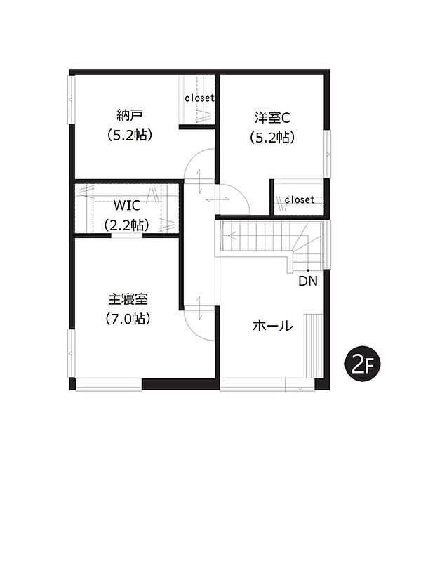 【2階間取図】
うれしい収納充実プラン!居室としても利用できる納戸や、たっぷりのお洋服が整理できるWIC付きです。