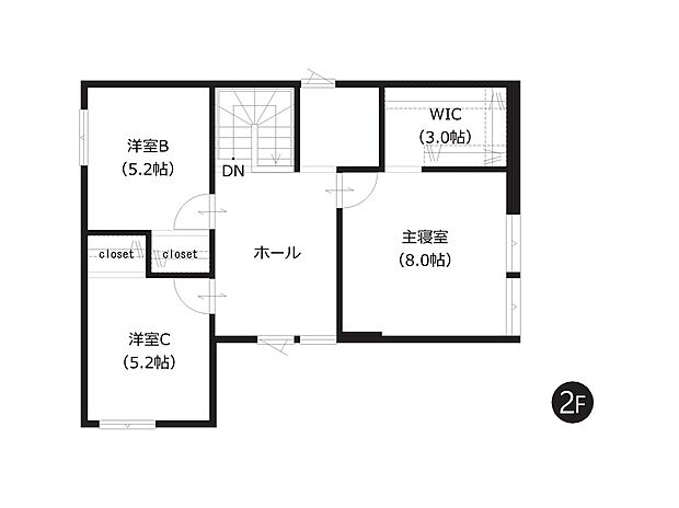 【2階間取図】
2階の洋室は5帖以上のゆとりある広さで、収納スペース付き！家族が集う団らん空間と、個々のプライベート空間を両立した間取りです。
