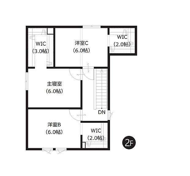 【2階間取図】
2階全洋室にウォークインクローゼットを完備。収納充実プランで、お荷物の多いファミリーにもおすすめできるお住まいです。