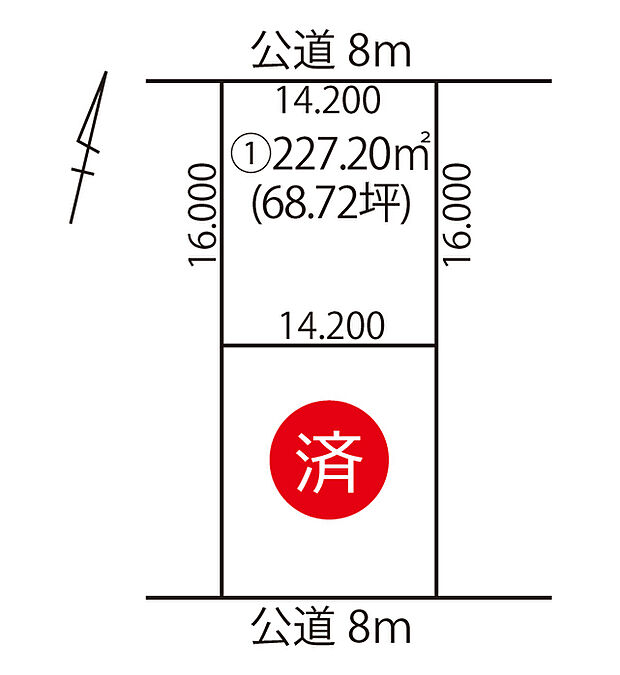 【全体区画図】
64坪以上のゆとりのある広さが魅力です。幅員約8mの道路に面し陽当りが良く開放感がございます。