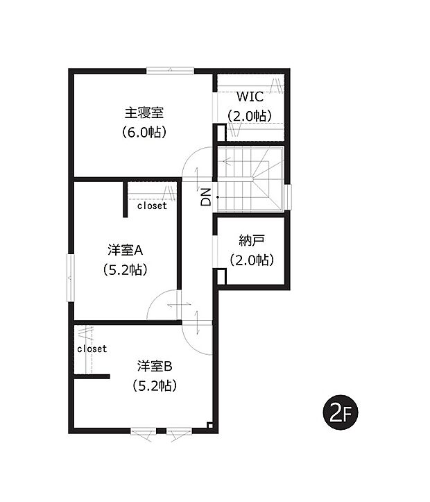 【2階間取図】
約2帖のWICと納戸を備え、衣類や日用品もすっきり整理しやすい間取りです。日々の暮らしにゆとりを感じることができます。