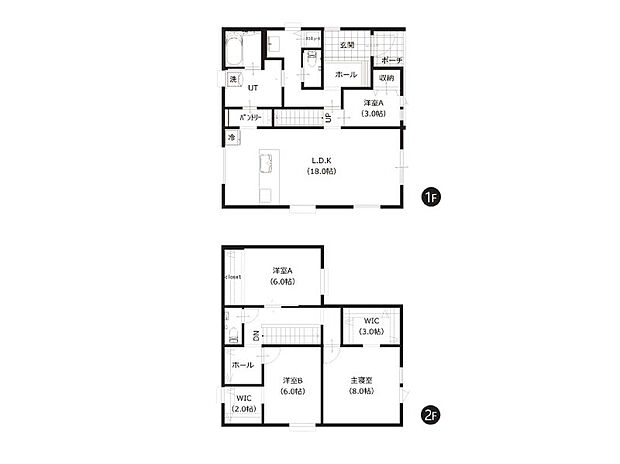 【A棟 2階間取図】
2階の洋室は6帖以上のゆとりある広さ。ご家族それぞれのプライバシーも大切にできる間取り設計です。