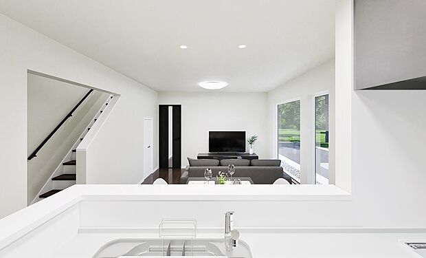 【【完成予想図】】LDKには開放感を演出してくれる対面キッチンを採用。お料理をしながらリビングのご家族との会話も楽しめます。