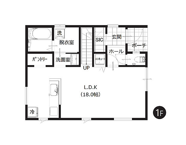【3LDK】1階にはLDKと水回りを集約させ、家事もスムーズに行えます。キッチンにも2個所に窓があり明るく換気にも困りません。