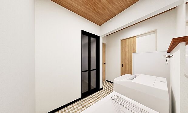 【【(18)完成予想図】】ユーティリティスペースは、キッチンからも出入りができる2WAYタイプ。回遊動線で忙しい時間帯もスムーズに準備が可能です。